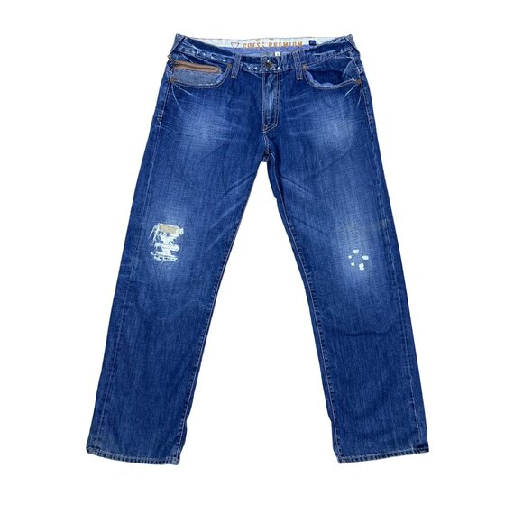 Vtg Guess Premium Rebel Jeans Men's 40x32 Straight Fit Blue Distressed Zip Poc - Picture 2 of 12